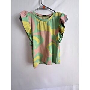 ZARA Womens  Tank Top Small Ruffle‎ Sweater Camo Green Cropped Swirl Festival